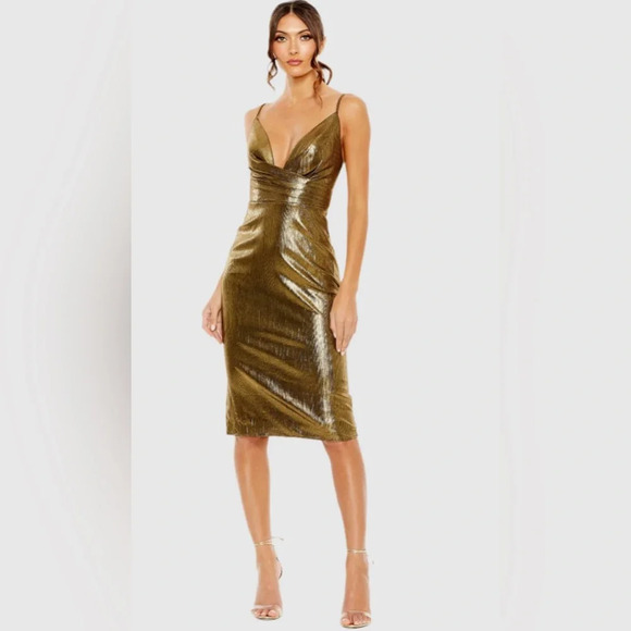 NWT Mac Duggal Metallic V Neck Midi Dress Size 4 Antique Gold - Picture 1 of 10